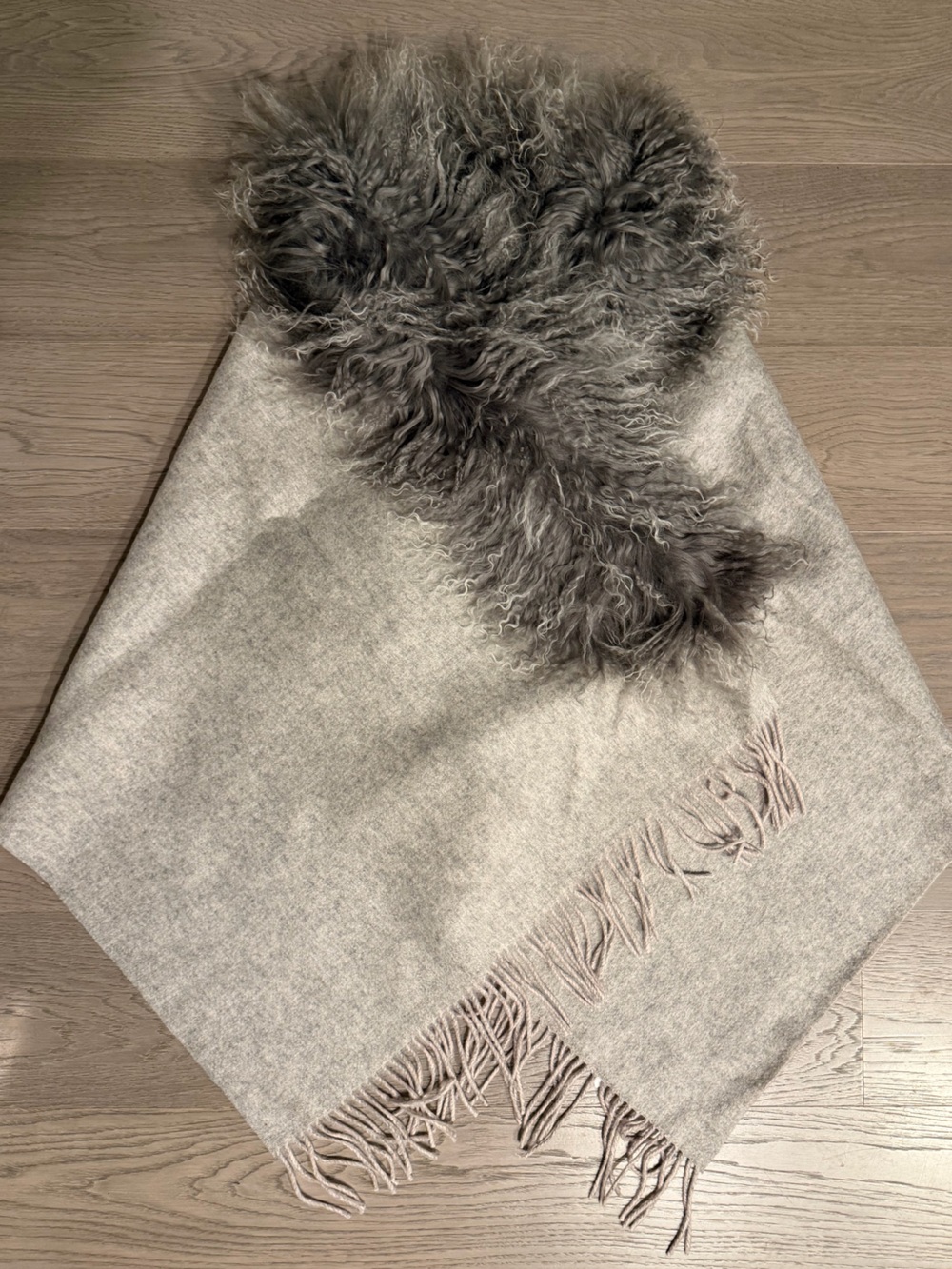 Pologeorgis Gray/Pink Wool Wrap with Plush Shearling Collar